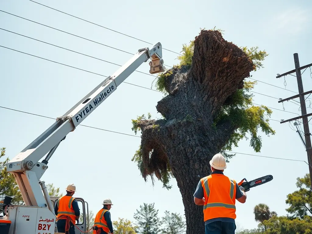 A photograph showing Emergency Tree Removal Port St. Lucie's team using specialized equipment to remove a large, hazardous tree leaning precariously over a power line.