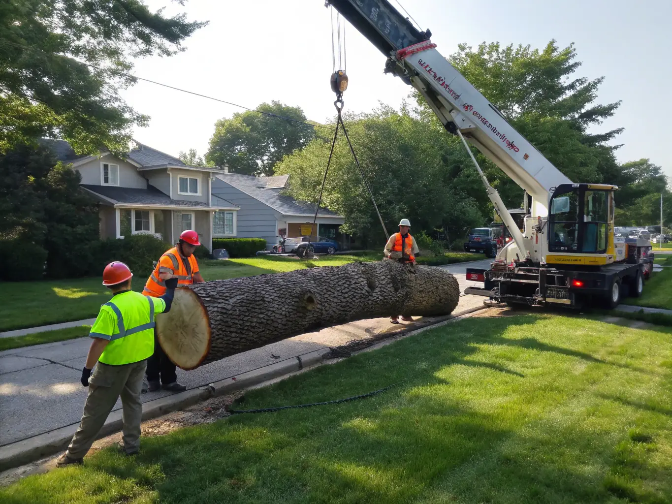 A photo showcasing a team of tree removal specialists carefully removing a large tree branch that has fallen and is blocking a driveway in a residential area of Port St. Lucie.