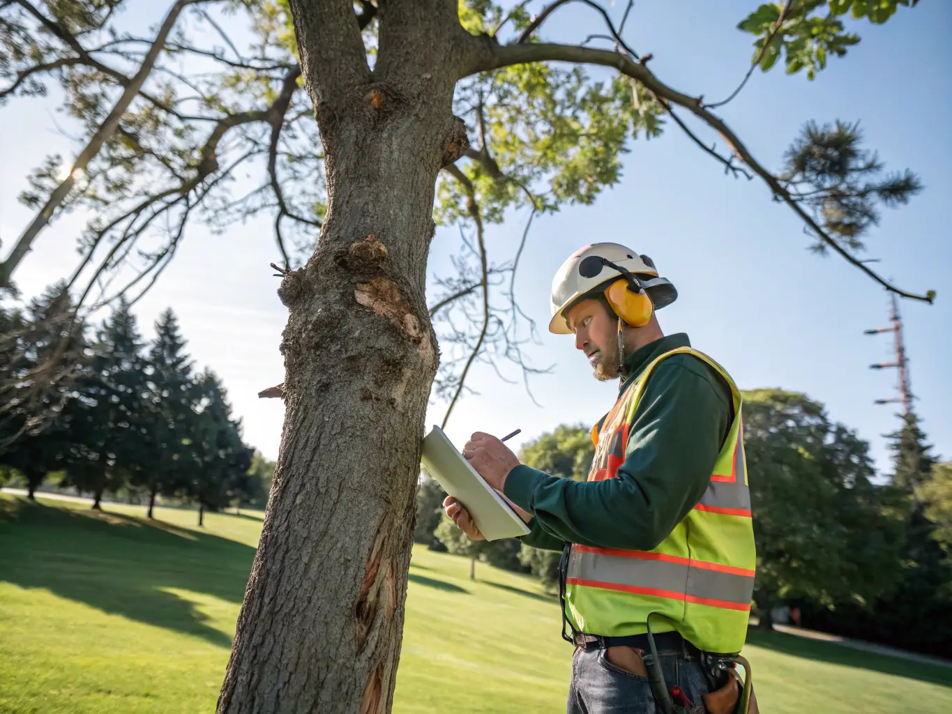 A professional arborist carefully inspecting a large, leaning tree in a Port St. Lucie backyard, highlighting potential hazards and the need for expert assessment.