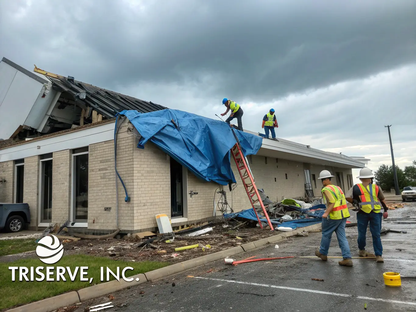 A high-definition photo depicting a large tree that has fallen onto a house during a storm, with Emergency Tree Removal Port St. Lucie's crew carefully assessing the damage and preparing for removal.